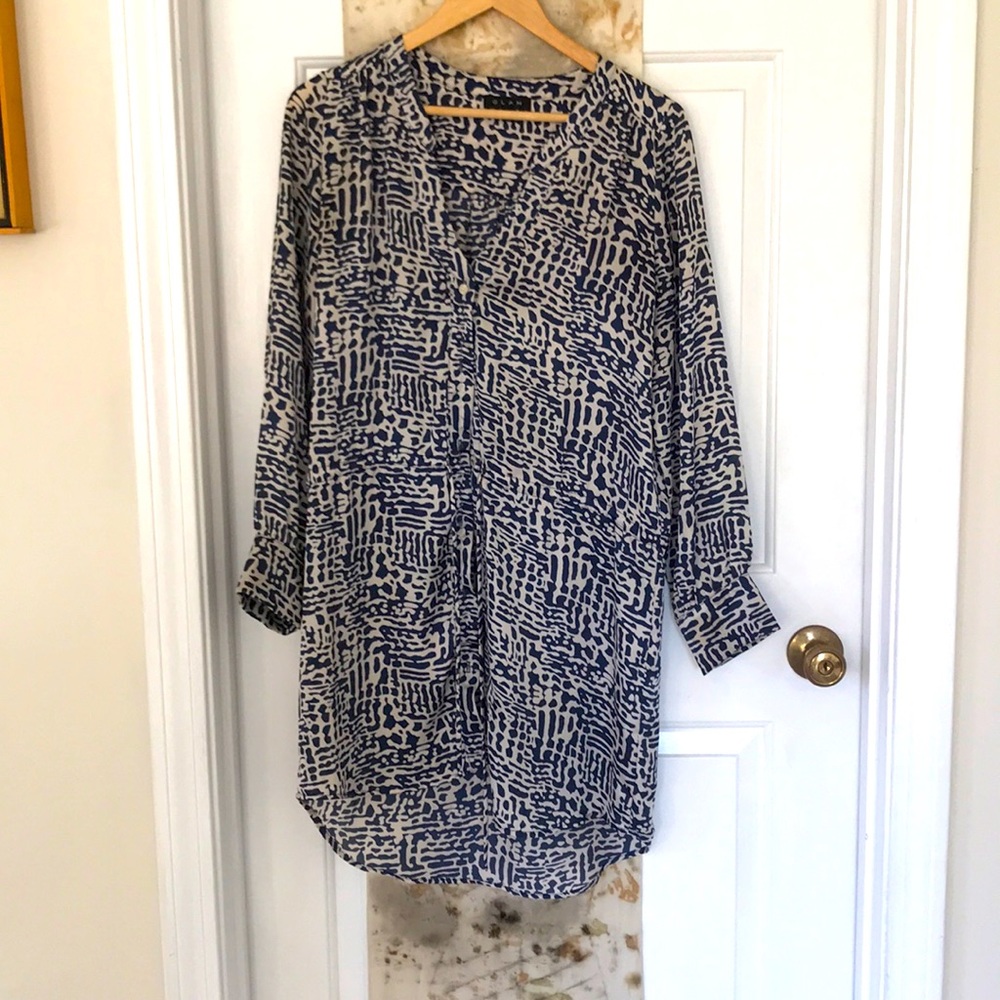 Glam blue and tan patterned tie waist dress